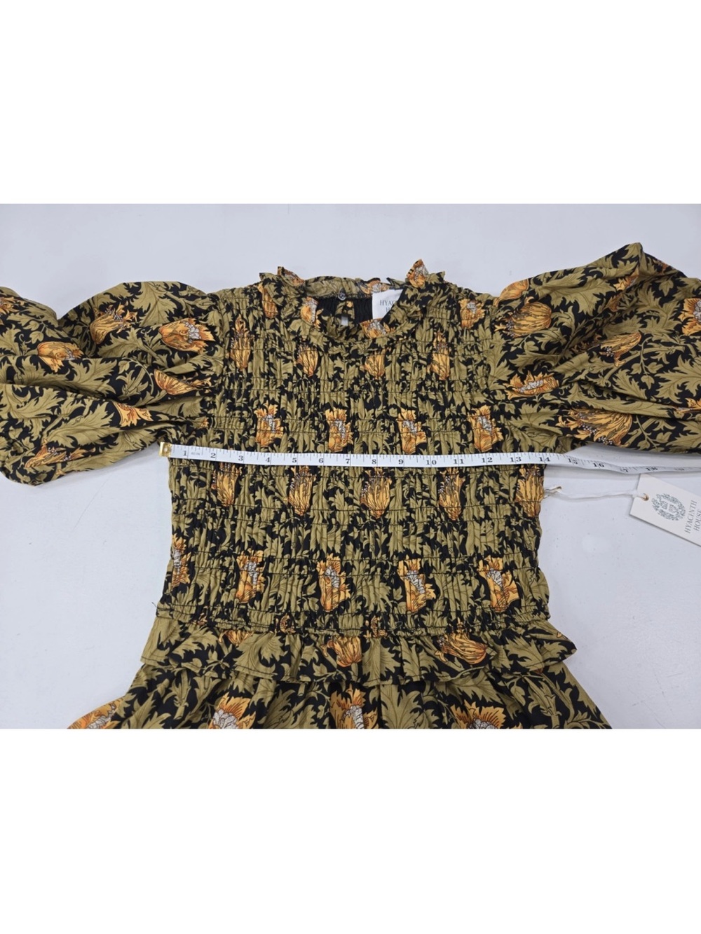 Hyacinth House The Smythe Leafy Olive Midi Dress Smocked Puff Sleeve Size XS NEW - Picture 8 of 10